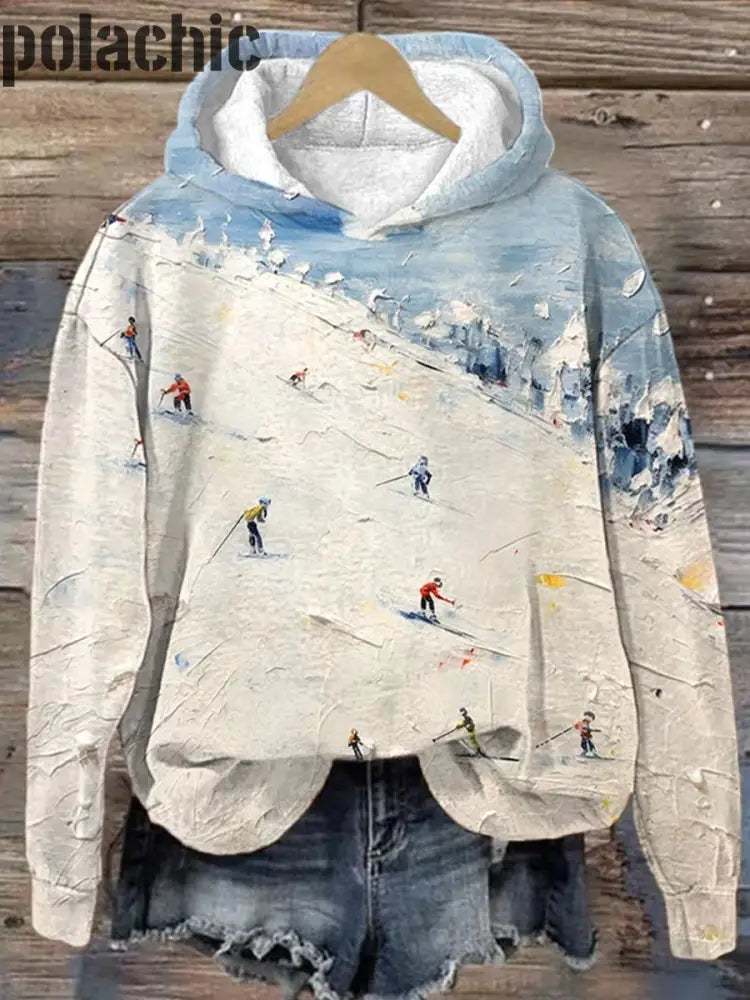 Apres Ski Holiday Peinture À L’huile Imprimé Casual Loose Crew Neck Sweat Capuche Manches