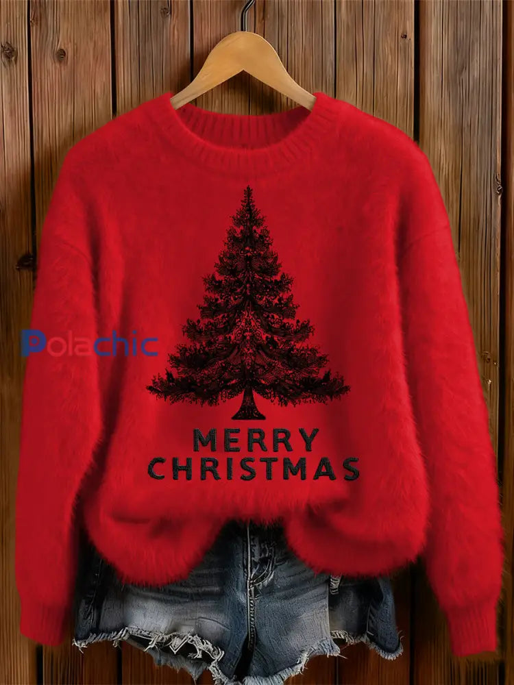 Arbre de Noël gothique des femmes imprimé autour du chandail confortable de cou Rouge / S