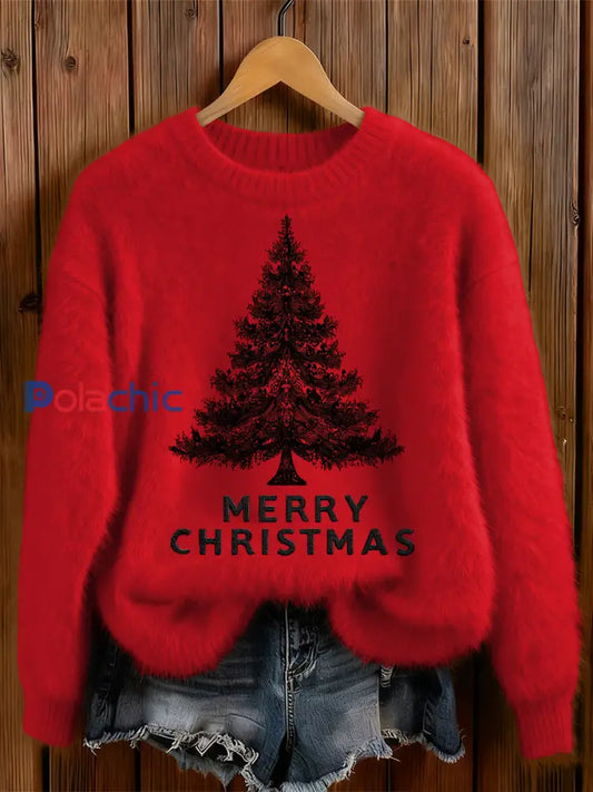 Arbre de Noël gothique des femmes imprimé autour du chandail confortable de cou Rouge / S