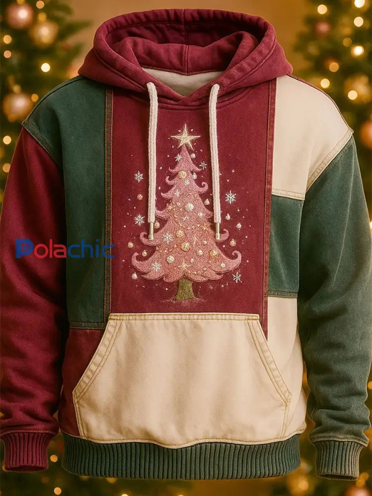 Arbre de Noël pour hommes Art Patchwork Colorblock Hoodie avec poches comme image / S