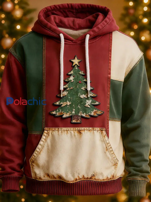 Arbre de Noël pour hommes Art Patchwork Colorblock Hoodie avec poches comme image / S