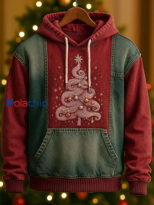 Arbre de Noël pour hommes Art Patchwork Colorblock Hoodie avec poches Vin Rouge / S