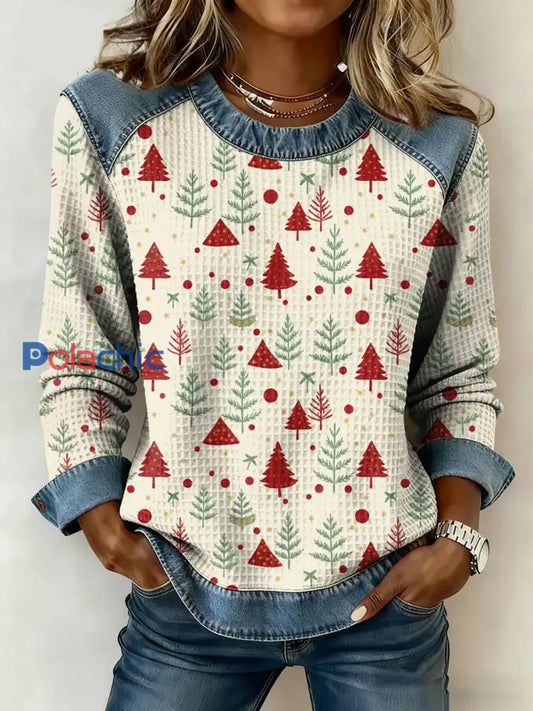 Arbre de Noël Vintage Art Imprimer à manches longues Waffle Top des femmes Abricot / S