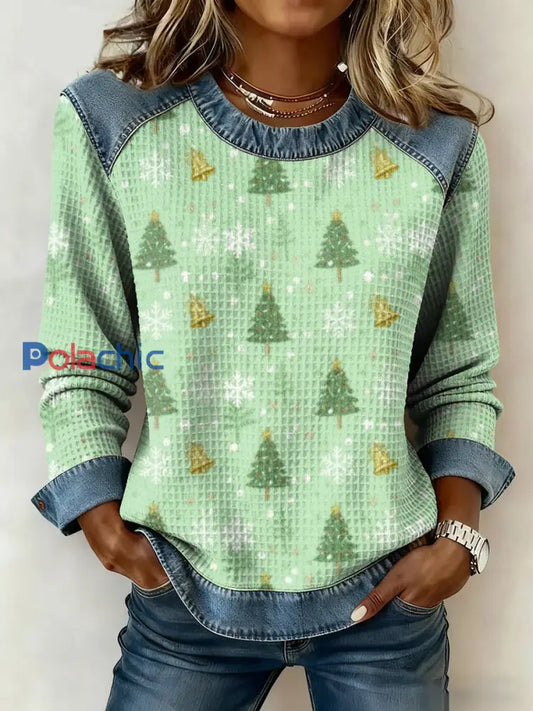 Arbre de Noël Vintage Art Imprimer à manches longues Waffle Top des femmes Vert / S