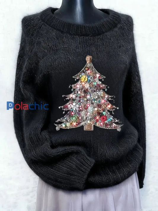 Arbre de Noël vintage perle diamant Art Print Pull à manches longues pour femmes Noir / S