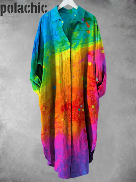 Arc-En-Ciel À Pois Tie-Dye Imprimé Col En V Revers Bouton Lâche Chemise Manches Longues A / S