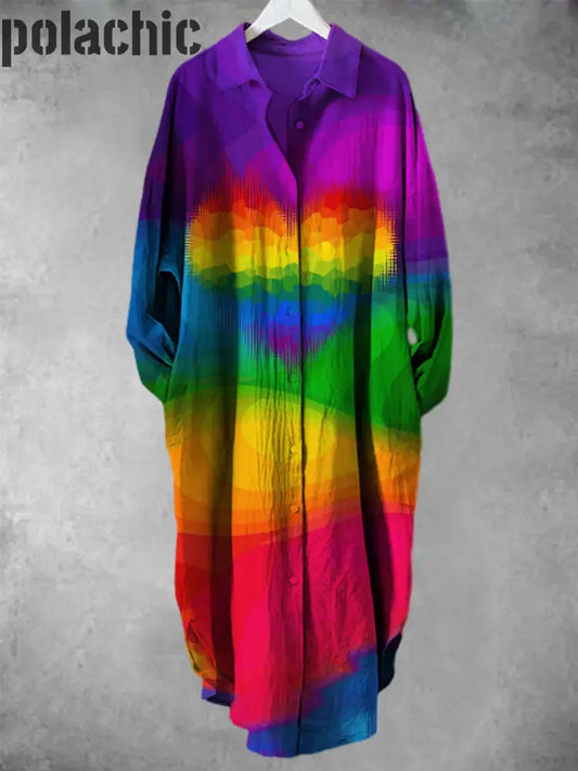 Arc-En-Ciel Aimant Coeur Tie-Dye Imprimé Col En V Revers Bouton Lâche Chemise À Manches Longues