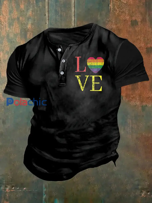 Arc-en-ciel amour impression Art manches courtes Henley Neck T-Shirt des hommes Noir / S