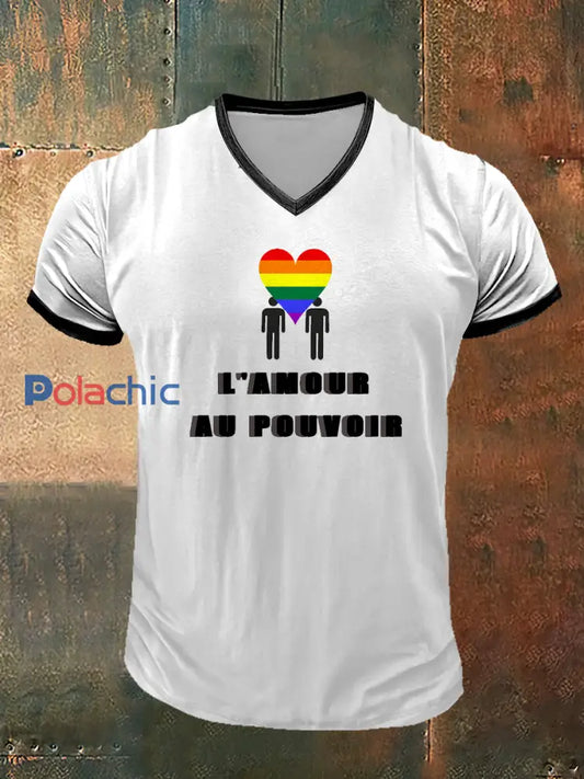 Arc-en-ciel coeur imprimé mode Vintage manches courtes v-Neck T-Shirt hommes Blanc / S