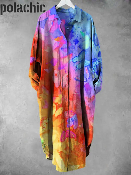 Arc-En-Ciel Papillon Tie-Dye Imprimé Col En V Revers Bouton Lâche Chemise À Manches Longues A / S