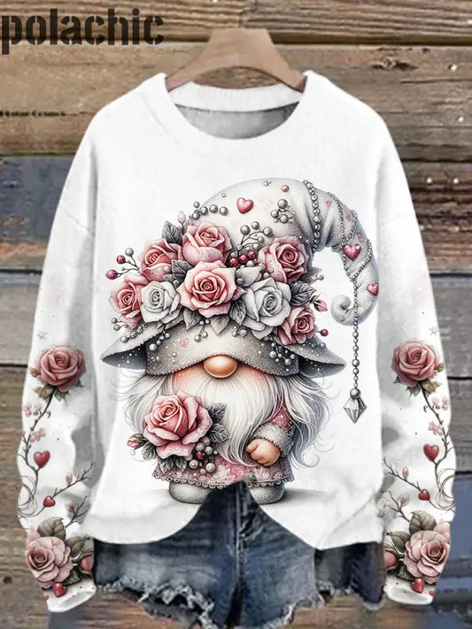 Argent Gris Rose Gnome Imprimé Col Rond Casual Sweat À Manches Longues A / S