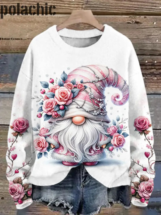 Argent Perle Rose Gnome Imprimé Col Rond Casual Sweat À Manches Longues A / S