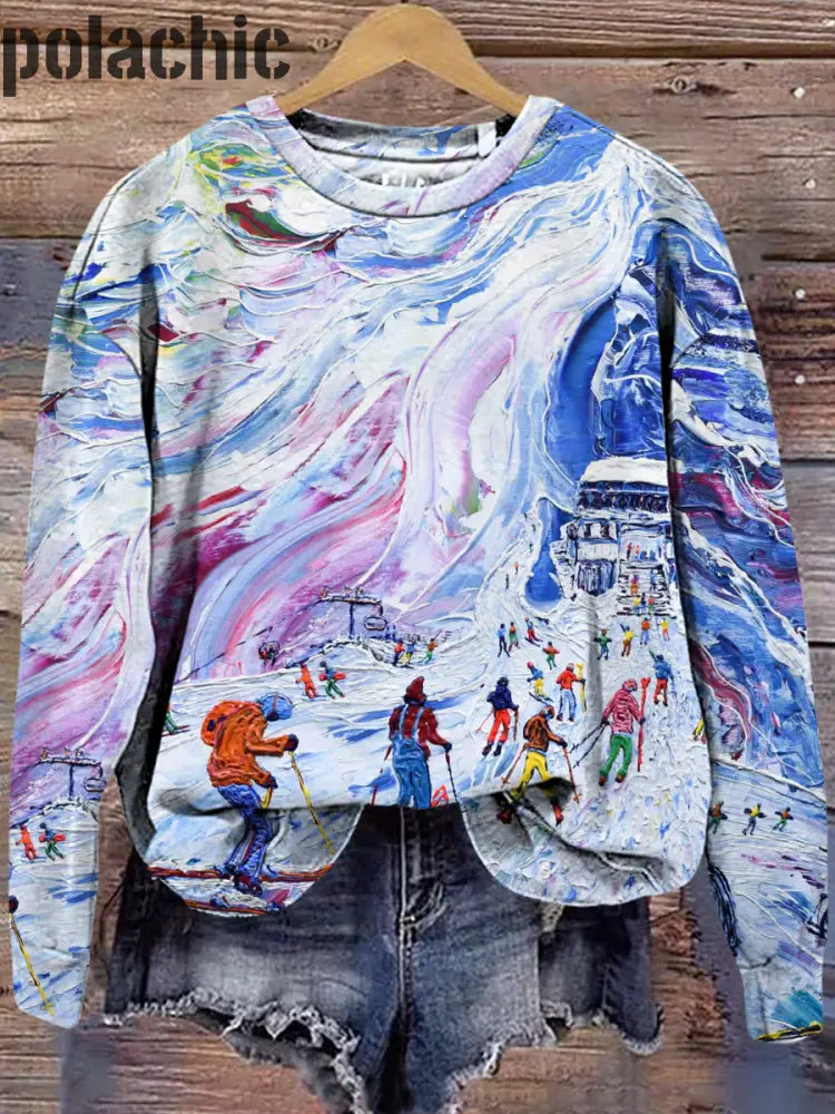 Aurora Snow Mountain Peinture À L’huile Imprimé Casual Loose Crew Neck Sweat-Shirt Manches