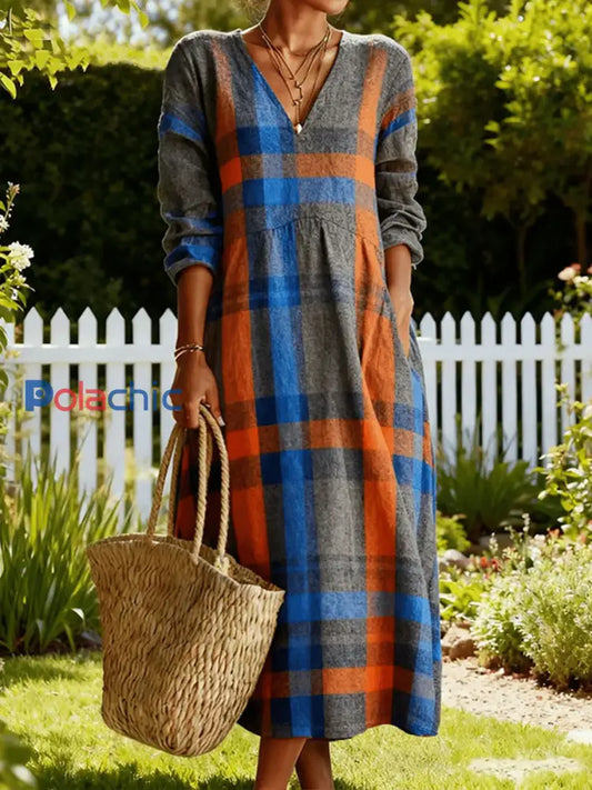 Automne Plaid Motif Cozy V-Neck Robe Femme comme image / S