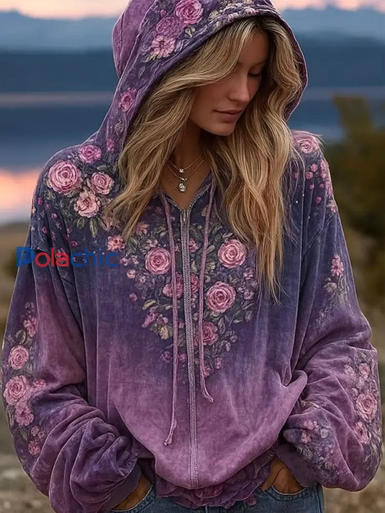 Automne Vintage Purple Floral Print ras du cou Sweatshirt des femmes Violet / S