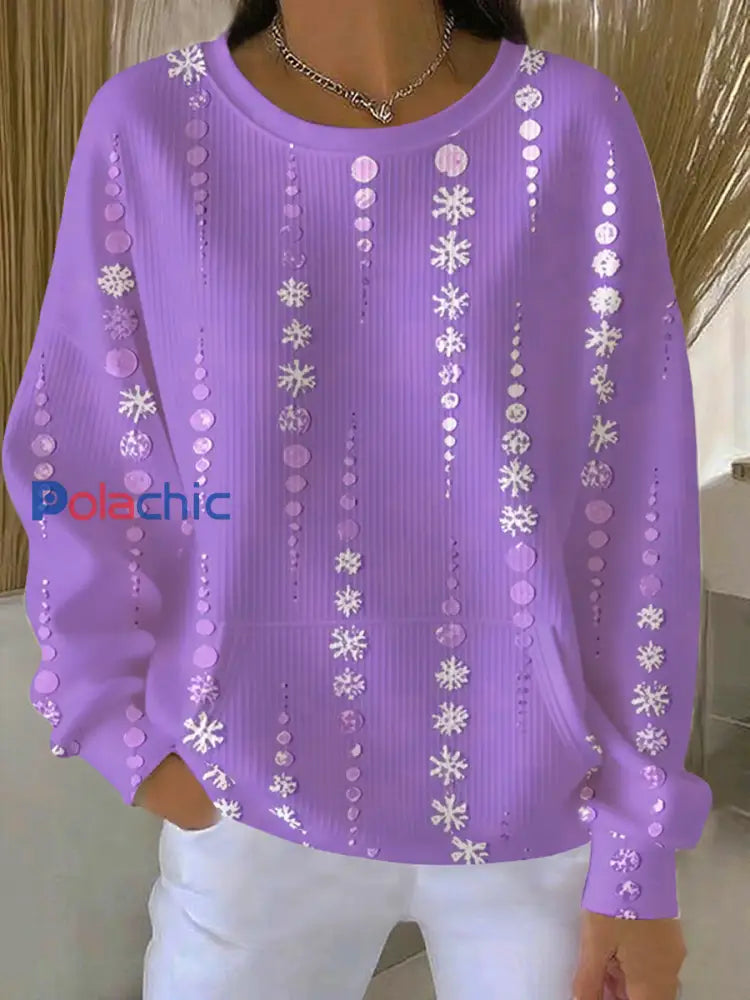Automne Violet Imprimé Côtelé Col Rond Sweatshirt des femmes Violet / S