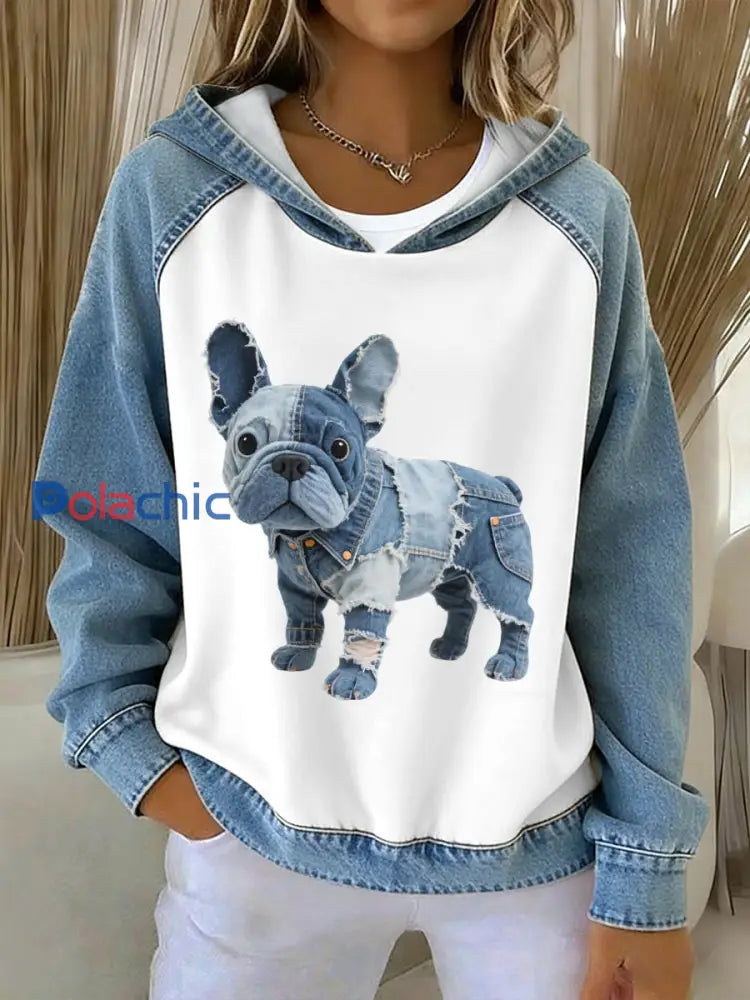 Beau modèle de bouledogue français des femmes Denim Patchwork Hoodie comme image / S
