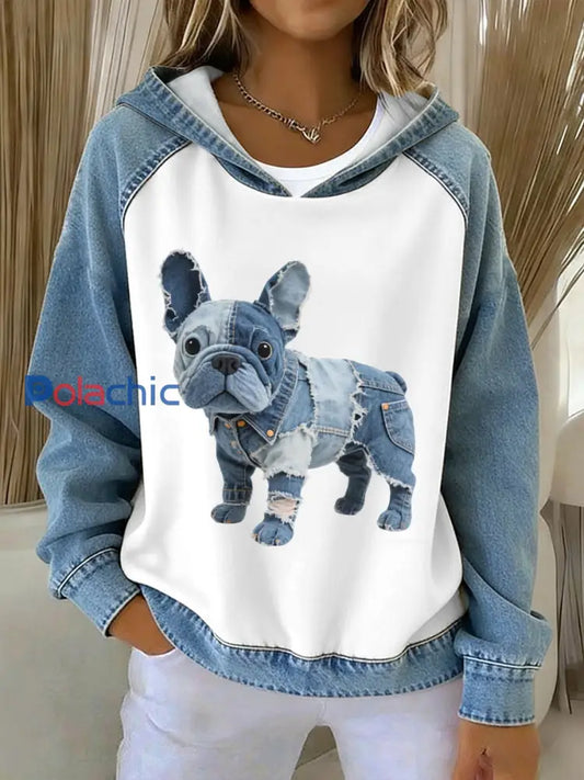 Beau modèle de bouledogue français des femmes Denim Patchwork Hoodie comme image / S