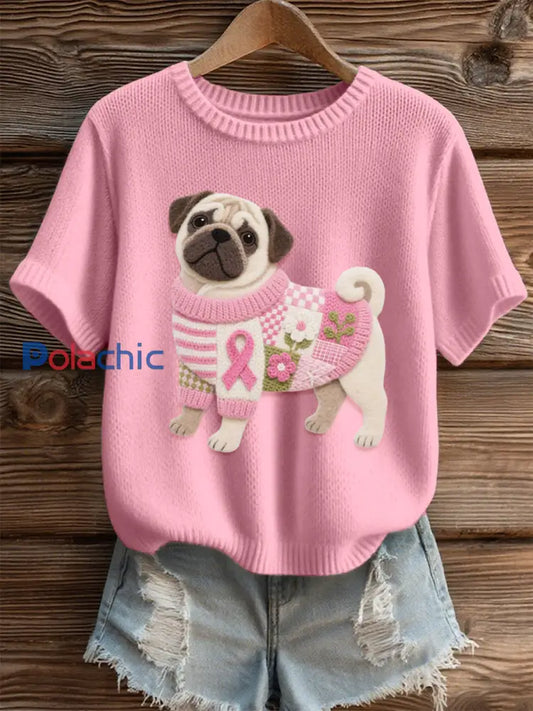 Beau Pug des femmes a senti le dessus en tricot confortable d’art Rose / S