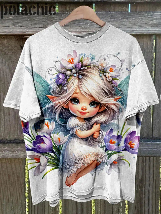 Belle Fleur Fée Imprimé Mode Vintage Lâche T-Shirt À Manches Courtes A / S