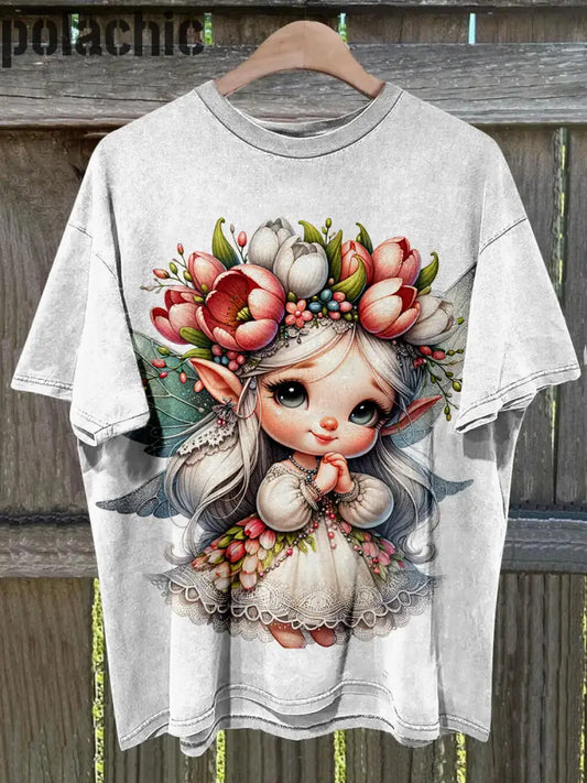 Belle Fleur Fée Imprimé Mode Vintage Lâche T-Shirt À Manches Courtes A / S