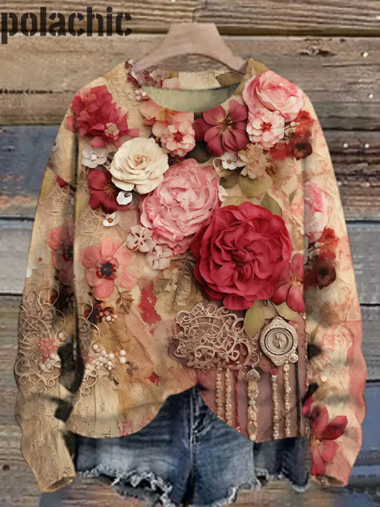 Bijoux Vintage Fleurs Imprimé Col Rond Casual Sweat À Manches Longues A / S