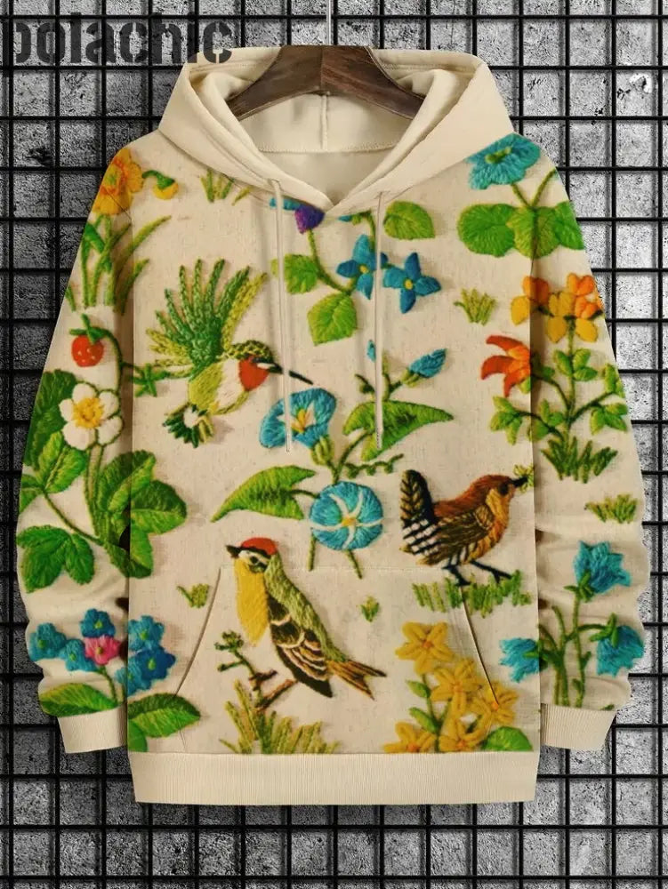 Birds And Flower Embroidery Pattern Print Hoodie Khaki / S