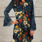 Bleu Foncé Fleurs Art Imprimer Denim Bell Sleeve Shirt Dress