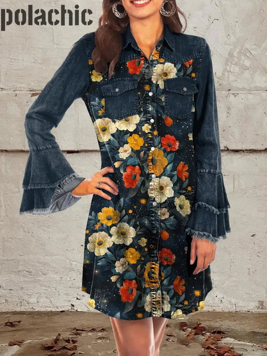 Bleu Foncé Fleurs Art Imprimer Denim Bell Sleeve Shirt Dress