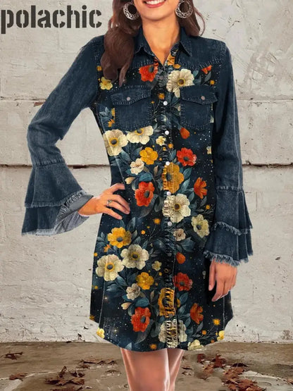 Bleu Foncé Fleurs Art Imprimer Denim Bell Sleeve Shirt Dress A / S