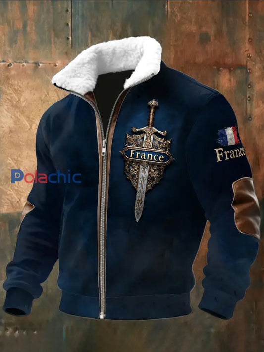 Blouson Homme Drapeau Français Épée Bleu Profond Noir / S