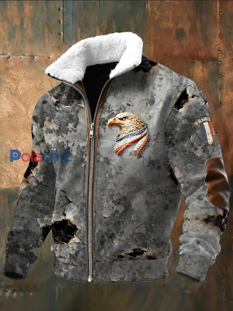 Blouson zippé décontracté pour homme drapeau français aigle gris Gris / S