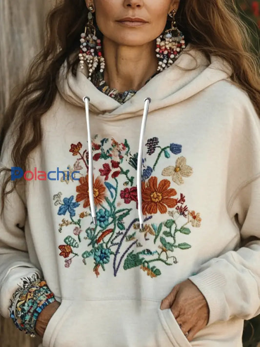 Bohème Boho Floral Art Imprimé Hoodie des femmes Beige / S