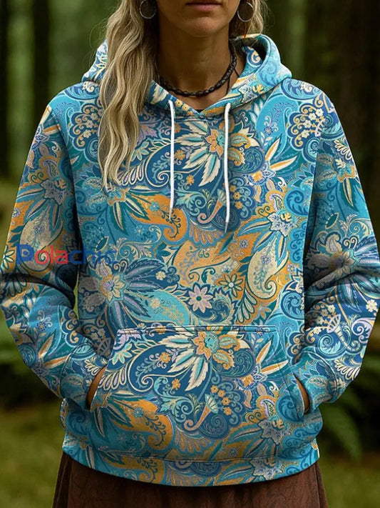 Bohème Boho Floral Art Imprimé Hoodie des femmes Bleu / S