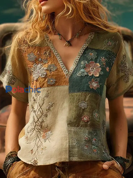 Bohème Boho Floral Art Imprimé T-shirt Femme comme image / S