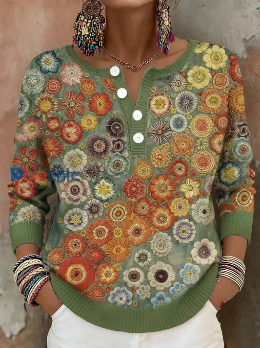 Bohème Boho Floral Art Imprimé Tops Femme Vert / S