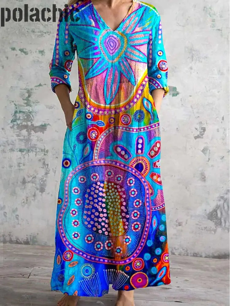 Bohemian Ombre Art Print Chic Col En V À Manches Longues Élégant Midi Dress