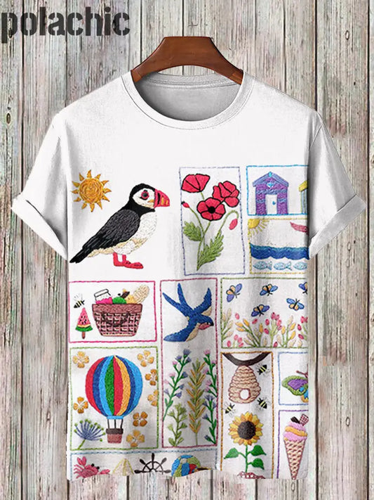 Boho Bird Flower Farmcore Embroidery Print Short Sleeve Casual T-Shirt White / S