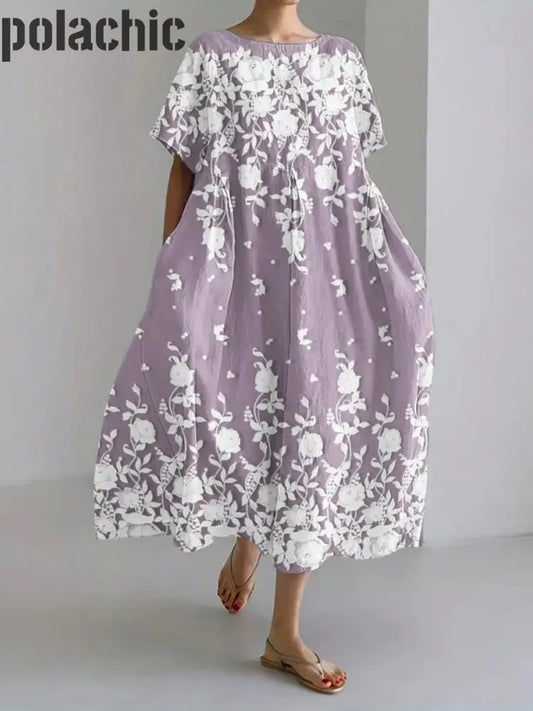 Boho Floral Imprimé Col En V Élégant Chic Loose Manches Courtes Midi Robe A / S