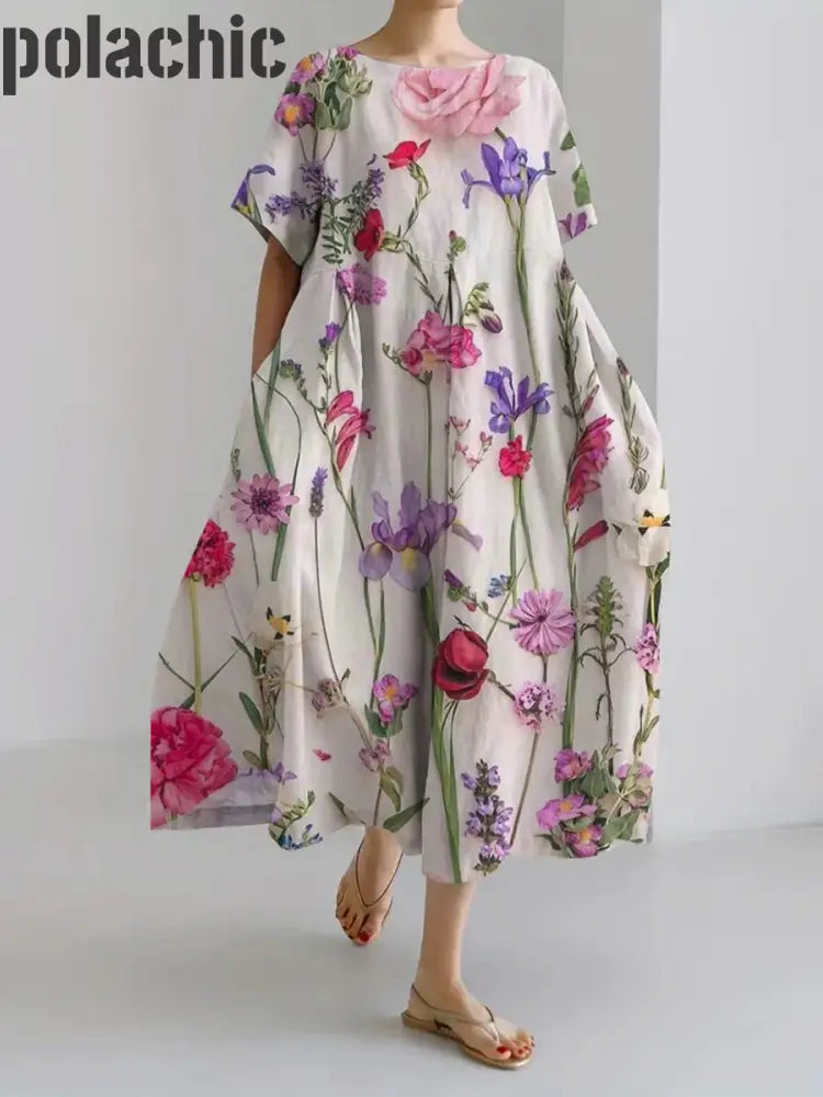 Boho Floral Imprimé Col En V Élégant Chic Loose Manches Courtes Midi Robe A / S