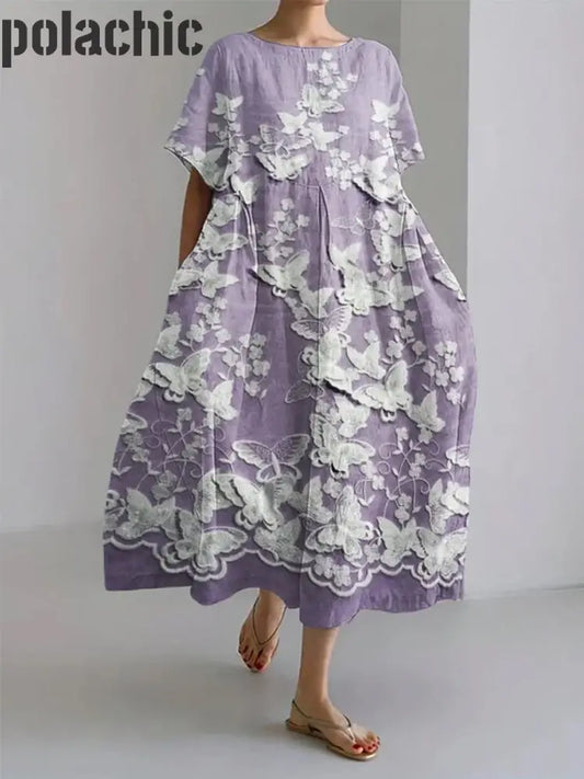 Boho Floral Imprimé Col En V Élégant Chic Loose Manches Courtes Midi Robe A / S