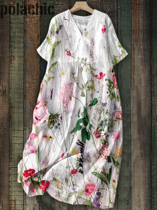 Boho Floral Imprimé V-Cou Élégant Chic Lâche Manches Courtes Robe Midi A / S