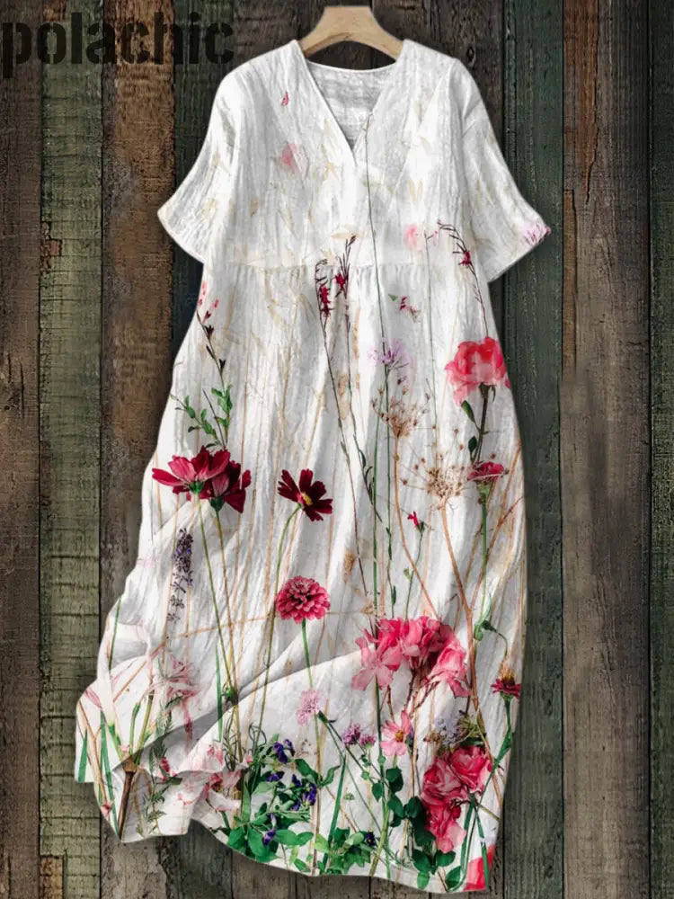 Boho Floral Imprimé V-Cou Élégant Chic Lâche Manches Courtes Robe Midi A / S