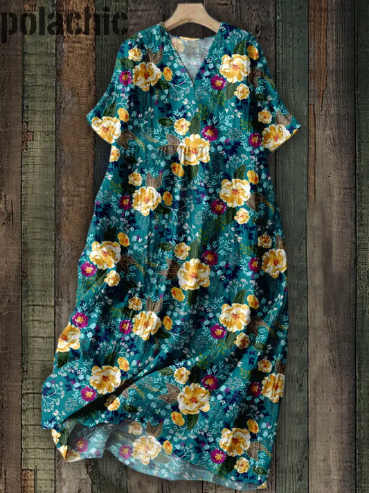 Boho Paisley Floral Imprimé Col En V Élégant Chic Loose Manches Courtes Midi Robe A / S