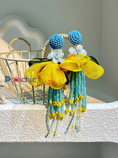 Boucles d’oreilles femme rose fleurs cancer du sein Jaune-Bleu / ONE