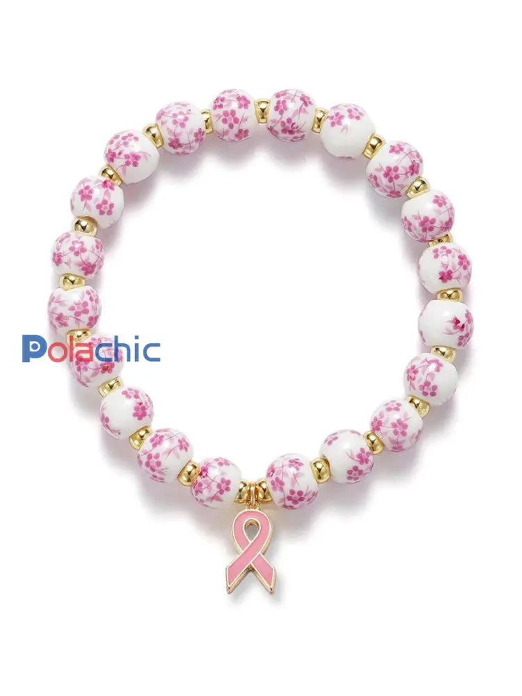 Bracelet Femme Cancer Du Sein En Porcelaine Bleue Et Blanche Ruban Rose