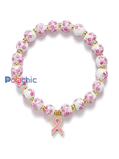 Bracelet Femme Cancer Du Sein En Porcelaine Bleue Et Blanche Ruban Rose