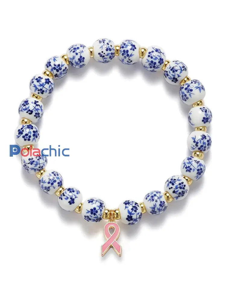 Bracelet Femme Cancer Du Sein En Porcelaine Bleue Et Blanche Ruban Rose