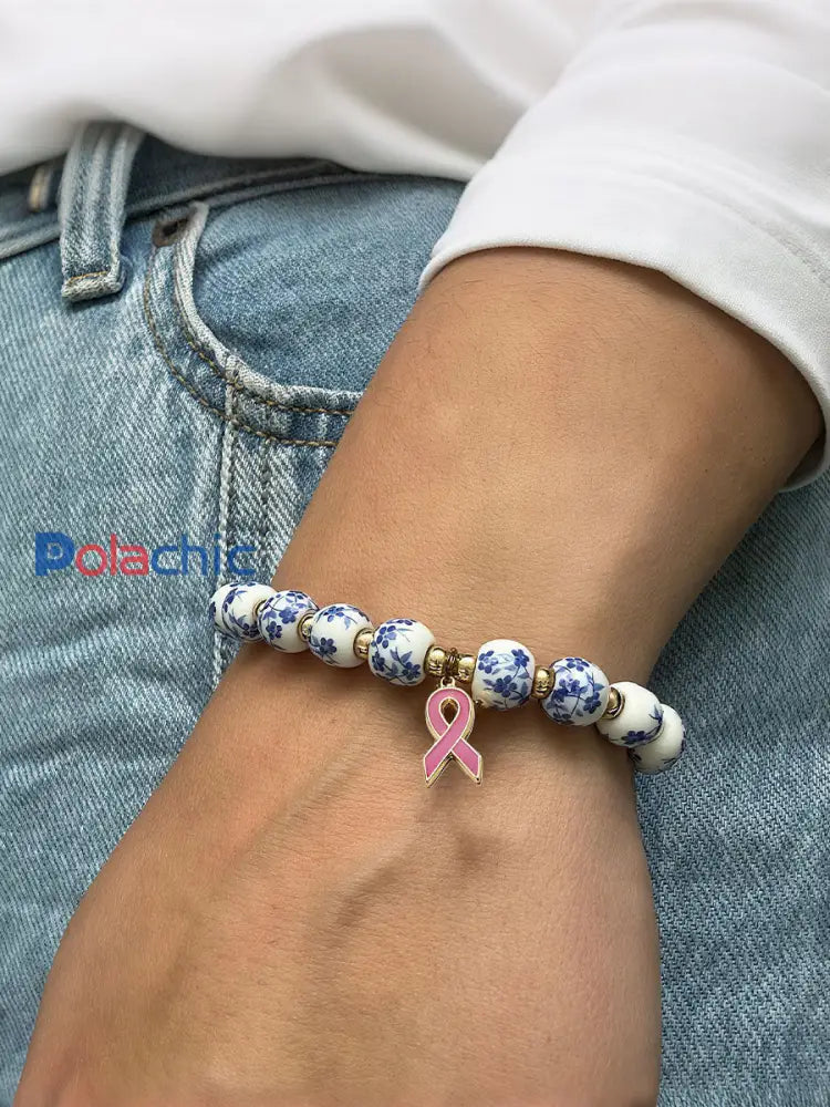 Bracelet Femme Cancer Du Sein En Porcelaine Bleue Et Blanche Ruban Rose Bleu / ONE