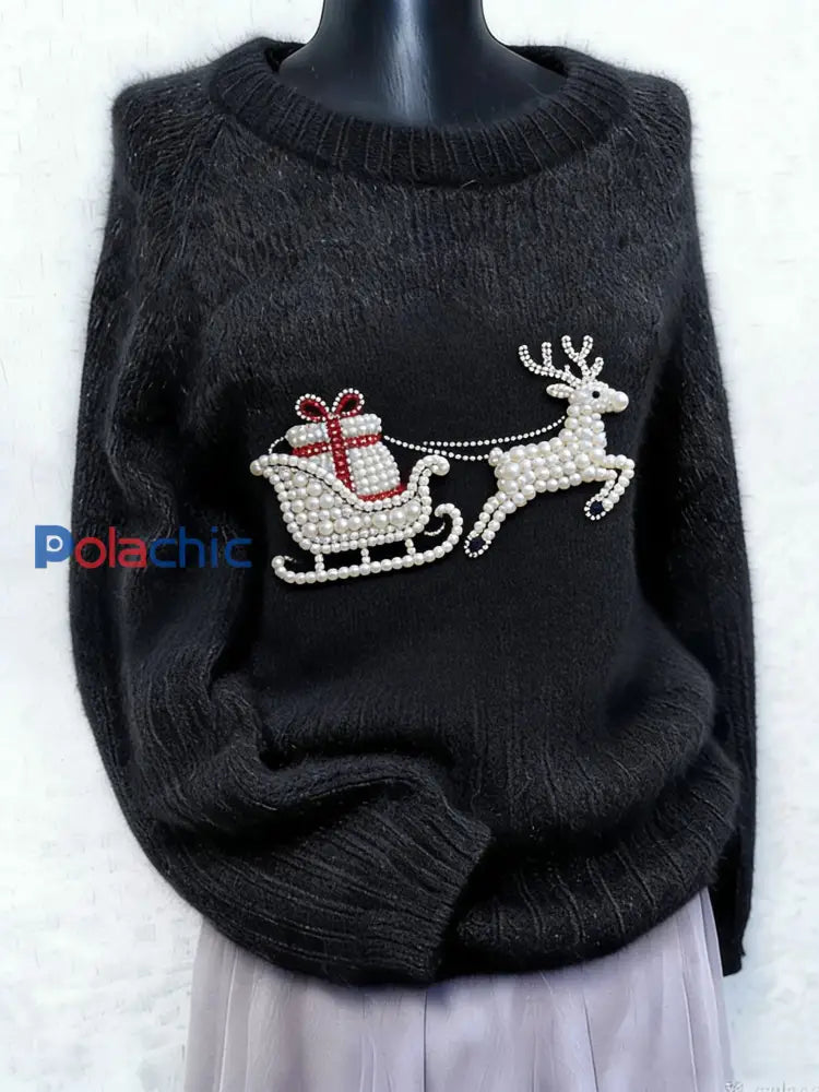 Cadeau de renne de Noël vintage pour femme avec perle Art Print Pull à manches longues Noir / S